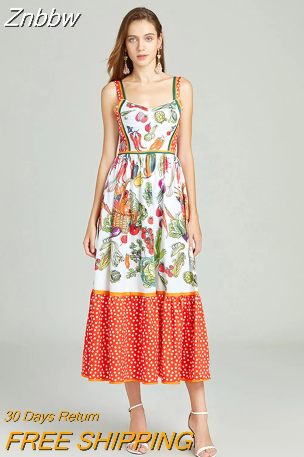 Znbbw Runway Designer Summer Dress Women's V-Neck Spaghetti Strap Vintage Fruit and Vegetable Print Party Midi Dress