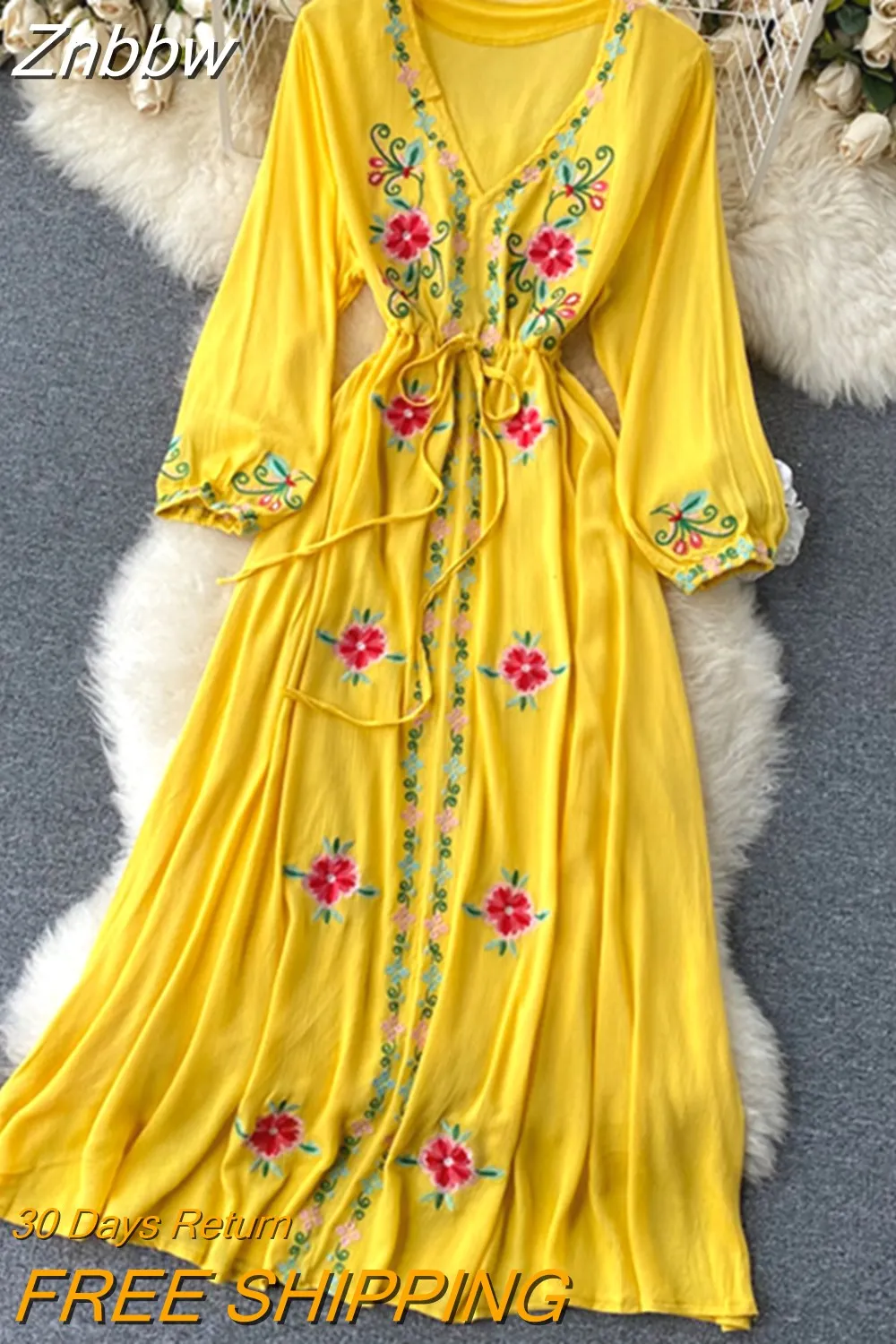 Znbbw Women's Dress Travel Photography Holiday Long Dress 2023 New Retro Ethnic Style Embroidered V-neck Lantern Sleeve Dress Y1034