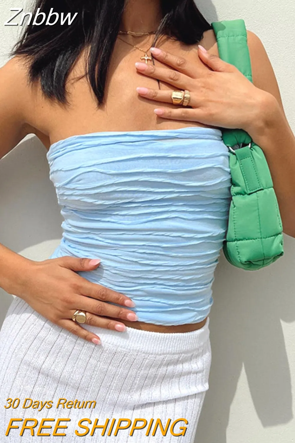 Znbbw Women Summer Cute Skinny Tube Tops Blue Sleeveless Backless Off Shoulder Ruched Bandeau Crop Tops Streetwear y2k - Image 6