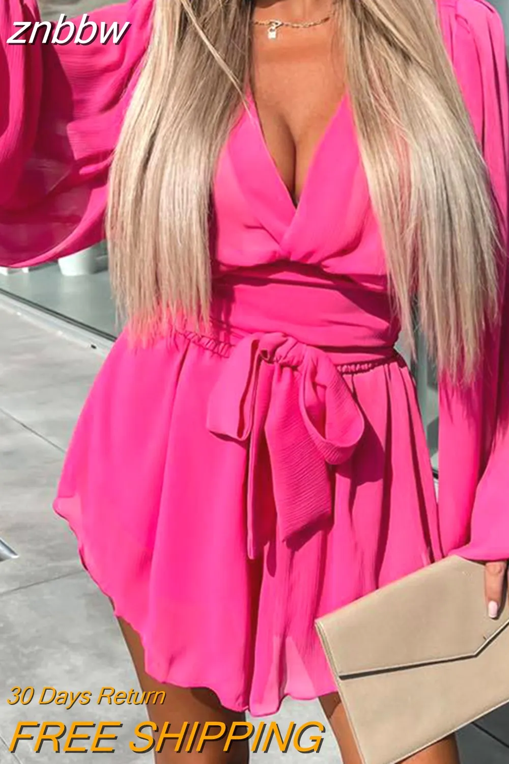 znbbw 2023 Summer Tie-Up Thin Beach Outfits Sexy Deep-V Long Sleeve Tops + Shorts Suit Women Elegant Solid Ruffle Two Piece Set - Image 2