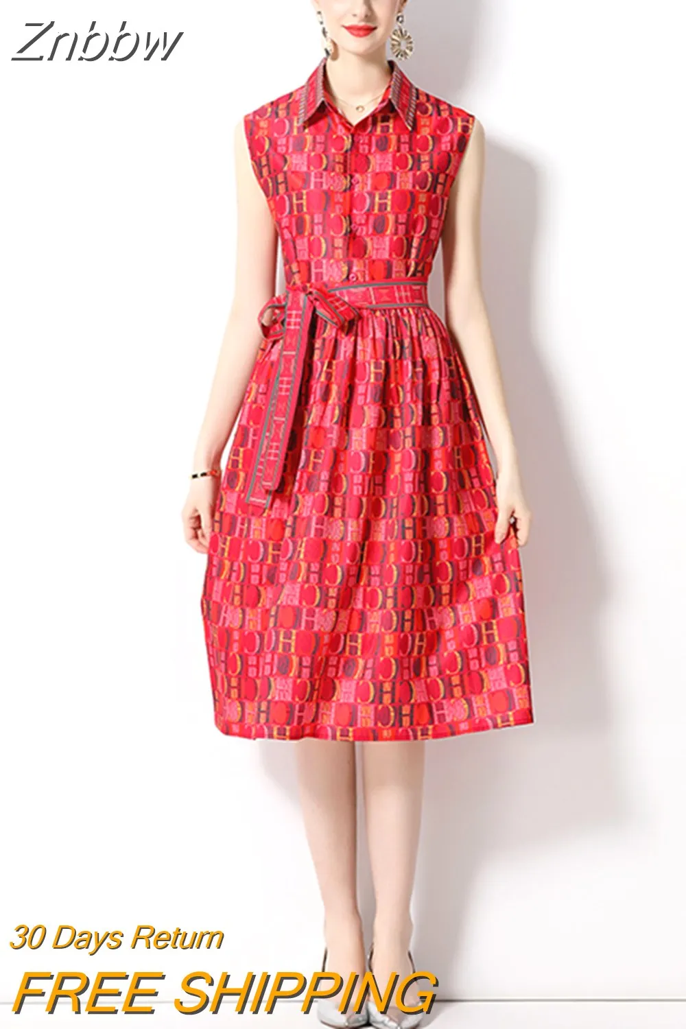 Znbbw Summer Letter Print Shirt Dress Women's Lapel Collar Sleeveless Lace Up Bow Belt A Line Vintage Party Midi Vestidos N2052