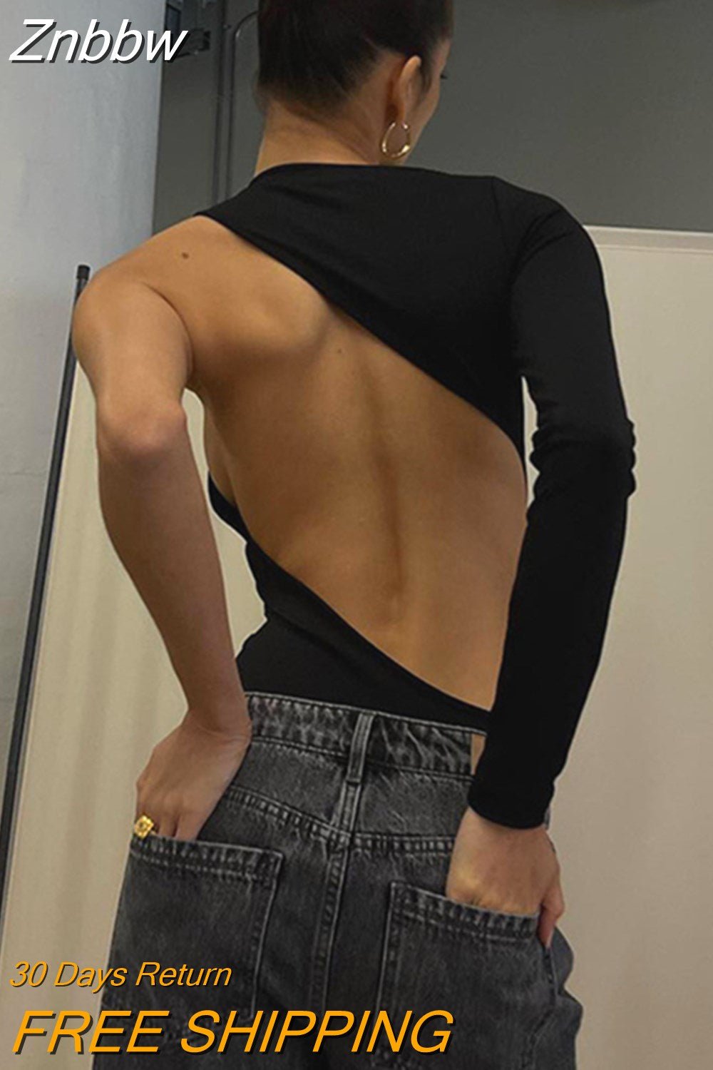 Znbbw Women One-Shoulder Long Sleeve Bodysuits Sexy Backless Slim Fit O Neck Leotard Tops Party Club Street Casual Basic Tops