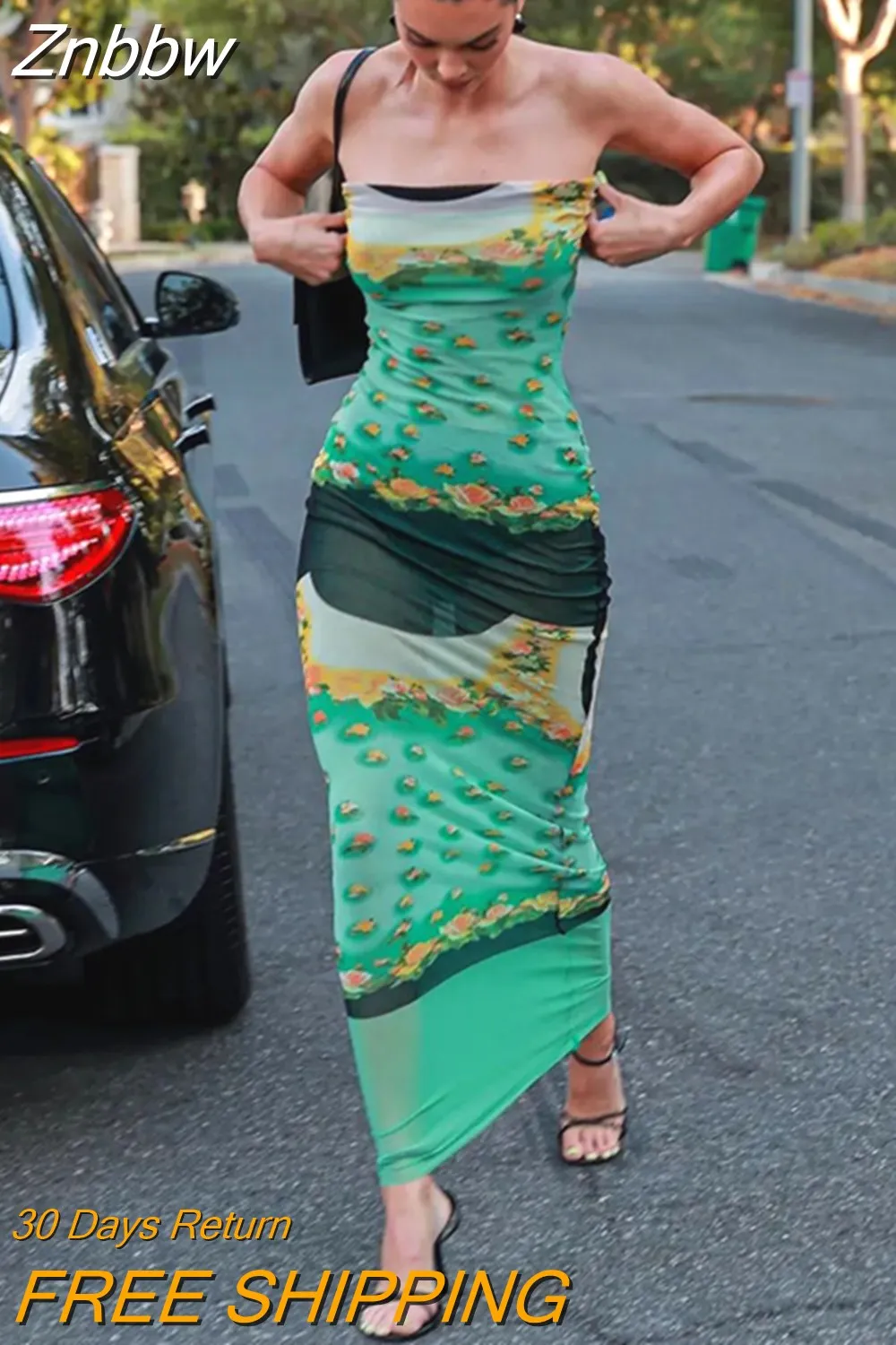 Znbbw Women Floral Mesh See Through Bodycon Party Streetwear Long Dress 2023 Summer Autumn Wholesale Items For Business