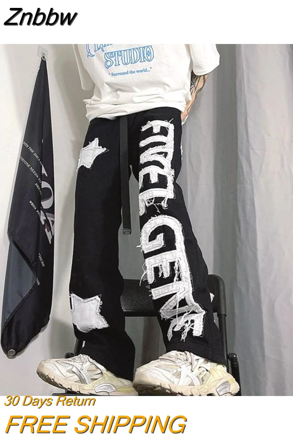 Znbbw and American high street letters patch tassel jeans men's tide brand hip-hop fried street retro loose straight trousers - Image 2