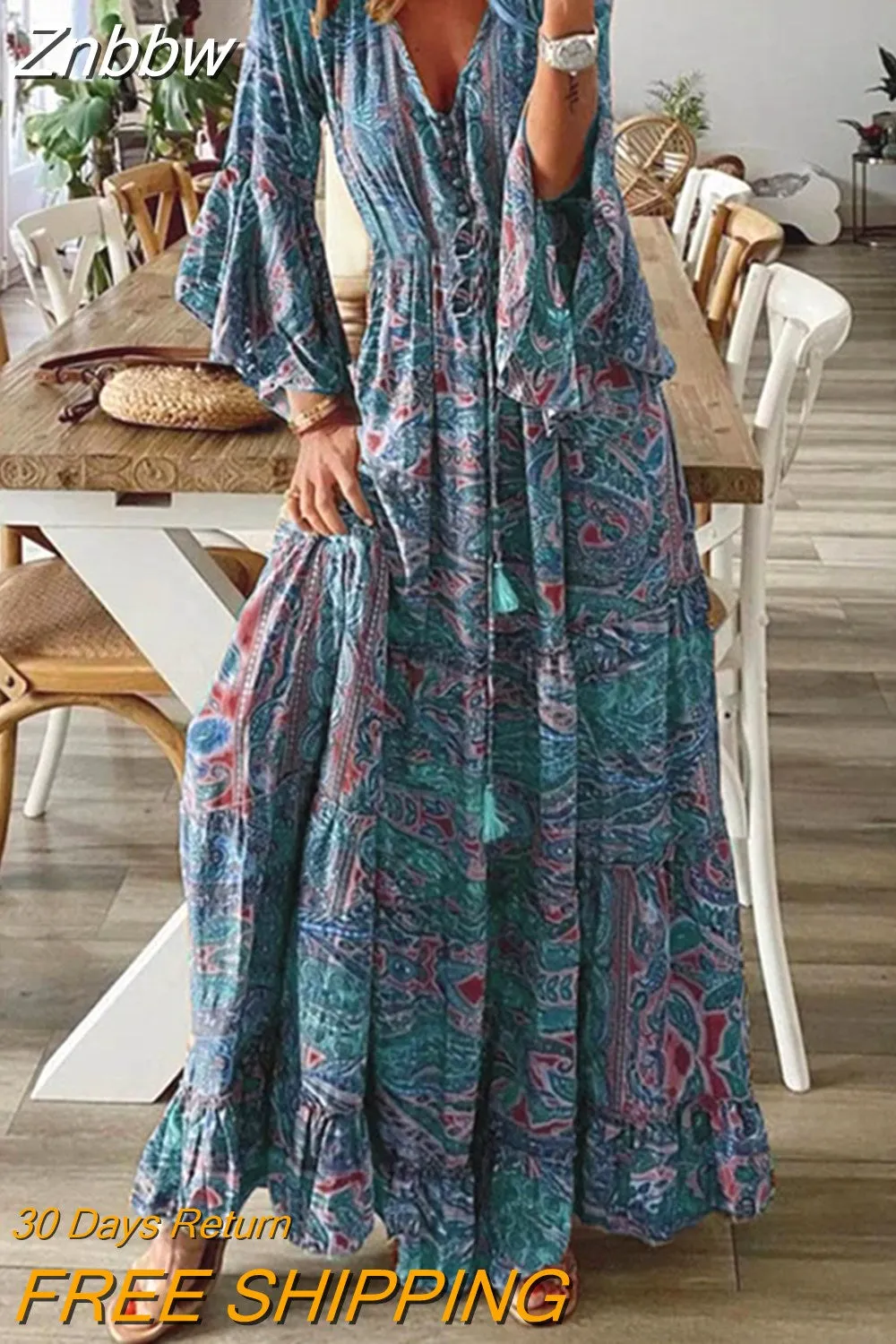 Znbbw Women Retro Boho Dress Summer Sexy V-neck Long Flare Sleeve  Flowral Print Pleated Long Dress Female Casual Holiday Maxi Dresses - Image 3
