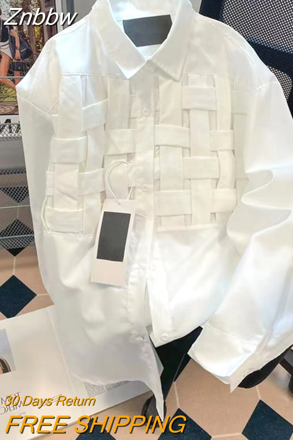 Znbbw Women Solid Hollow Out Shirts Lapel Long Sleeve Loose Waist Fashion Patchwork Blouse Female Chic Casual Shirt 2023 NEW - Image 3