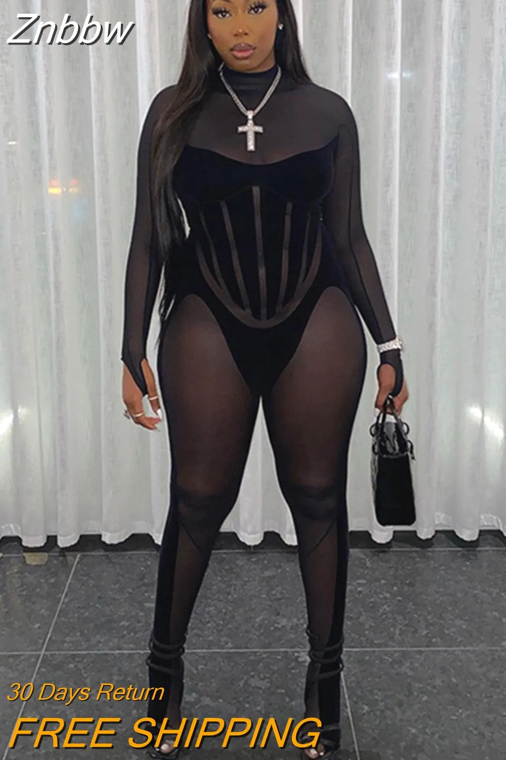 Znbbw Women Sexy Long Sleeve Mesh See Through Bodycon Black Jumpsuit Overalls 2023 Fall Clothing Wholesale Items For Business