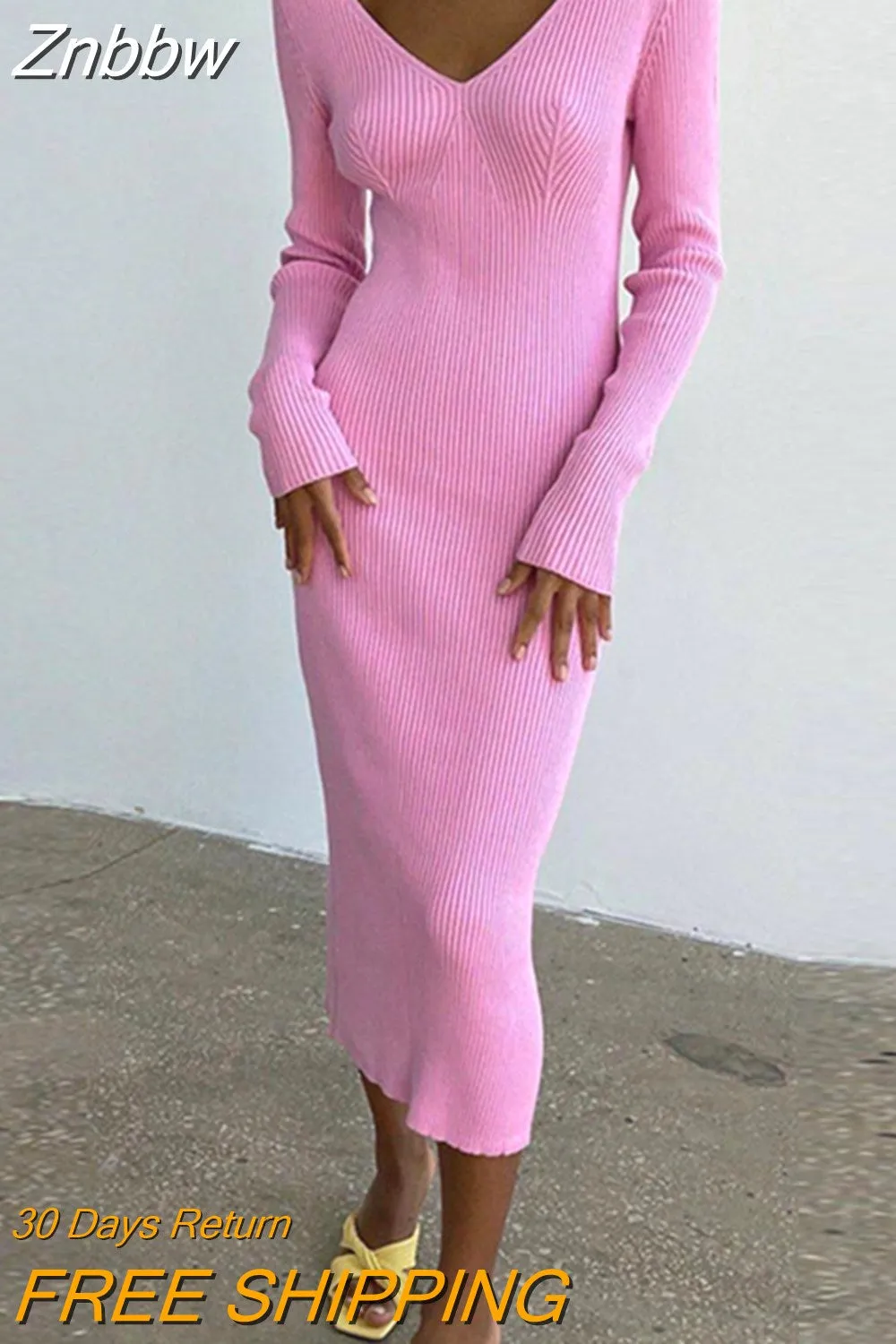 Znbbw Women Winter Knitted Backless Elegant Sweater Dress Casual Long Sleeve V-Neck Slim Skirt Lady 2023 New Bodycon Midi Dresses - Image 6