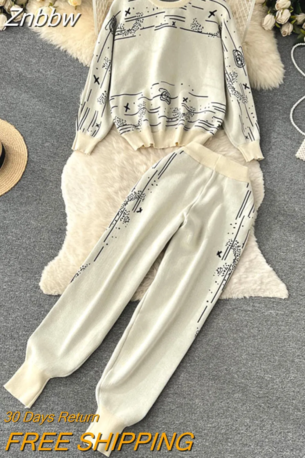 Znbbw Women's Long Sleeve Jacquard Knit Pullover Sweaters+Elastic Waist Pants Sets Fashion Trousers Two Pieces Costumes Outfits - Image 4