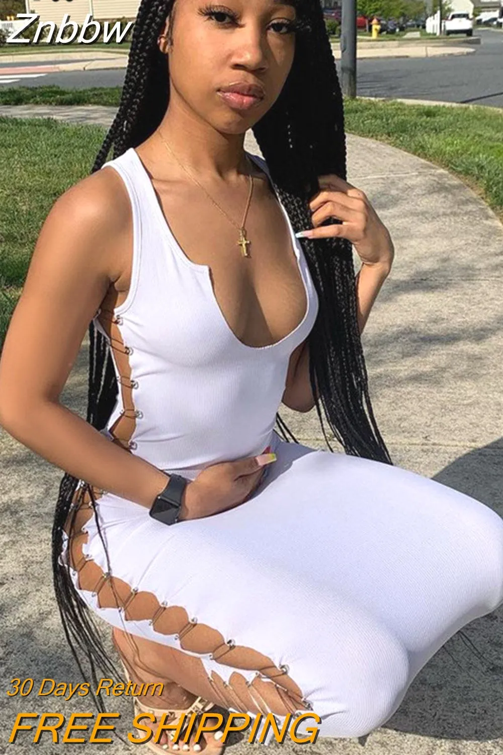 Znbbw Women Summer Sleeveless V Neck Hollow Out Soild Color Bodycon Pencil Dress Sundress 2023 Female Clothing Streetwear