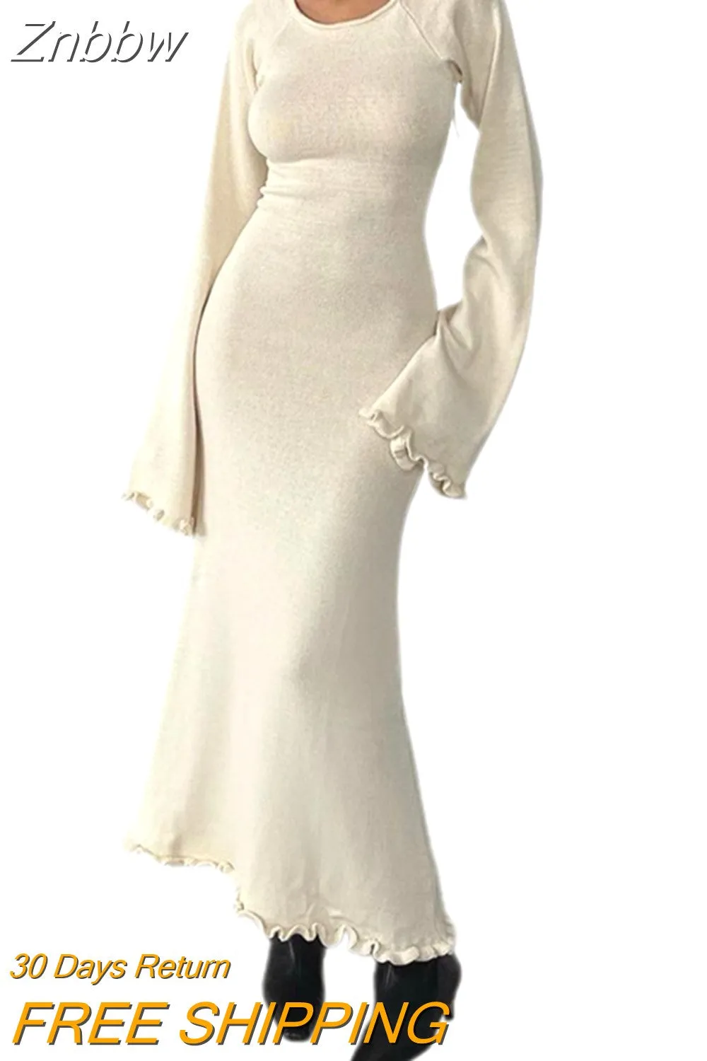 Znbbw Women Ribbed Knit Ruffle Trim Long Dress Long Sleeve Bodycon  Party Cocktail Dress Flare Summer Beach Cover Up - Image 8