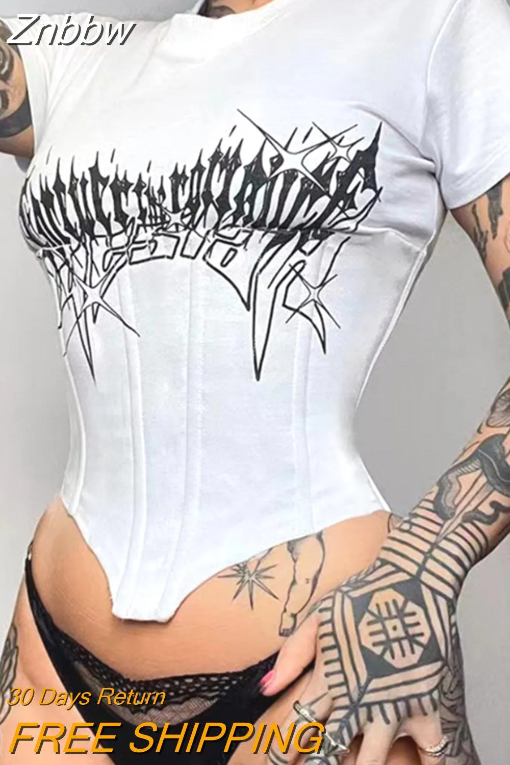 Znbbw Y2K Graphic Print Corset Basic T-shirts Women Harajuku Sexy Slim Crop Tops Gothic Hollow Out Casual O-neck Tees E-girl