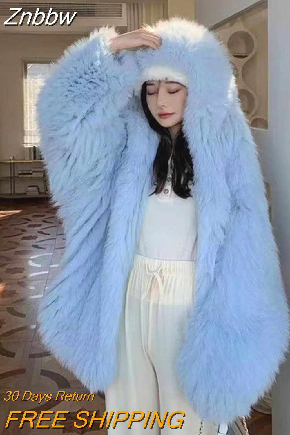 Znbbw Women Winter Loose Hooded Bat Full Sleeve Casual Faux Fur Jacket Lady Slim Thick Warm Soft Outwear 2023 New Fashion Overwear - Image 10