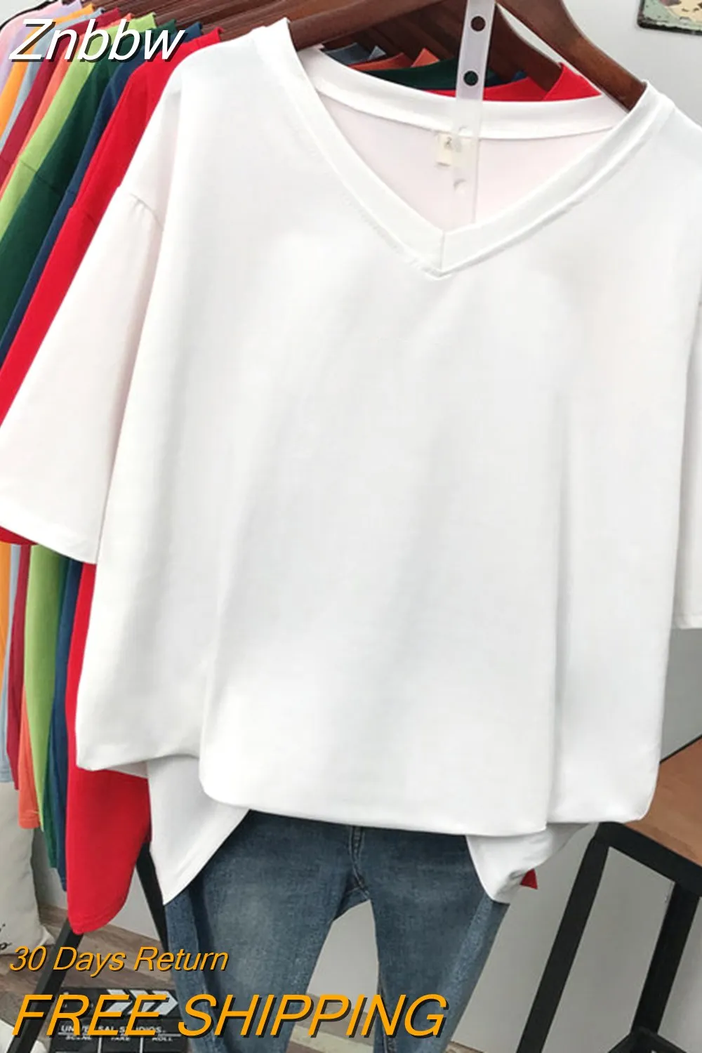 Znbbw 100% Cotton M-6XL T Shirt Solid V Neck Tshirt Short Sleeve Women's Top Basic Summer Couple Oversized T Shirts - Image 3