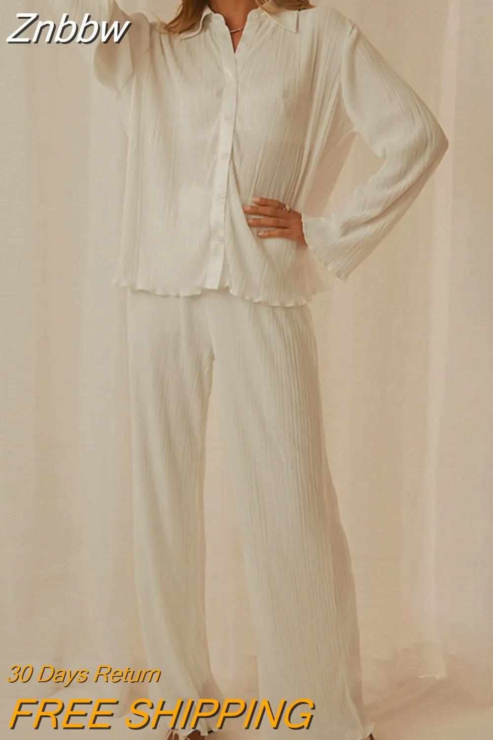 Znbbw Women's Floral Pleated Set Long Sleeve Blouses With High Waist Pants Two Piece Set Elegant Loose Two Piece Sets Womens Outifits - Image 9