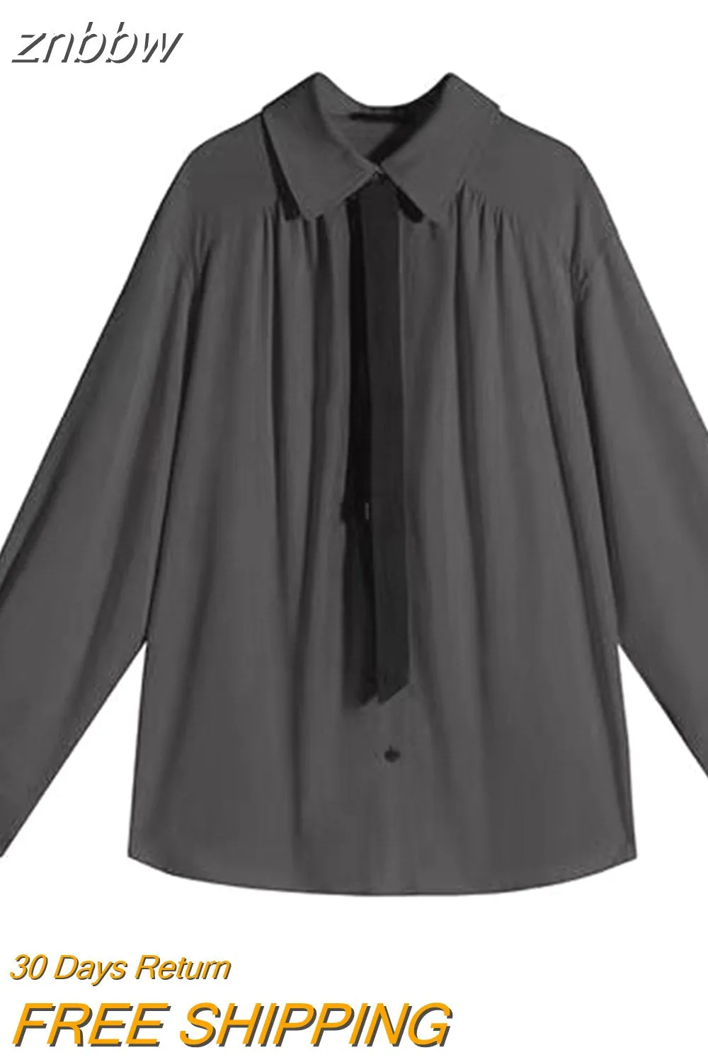 znbbw 2023 Spring Office Lady Long Sleeve Folds Women Basic Shirt Minimalist Tie Button Up Loose Woman Tunic Blouse Clothing - Image 2