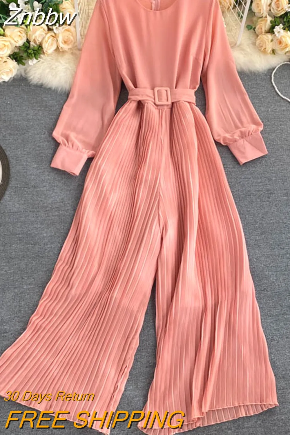 Znbbw Women's Spring Autumn Jumpsuit New Solid Color Round Neck Long-sleeved Pleated Wide-leg Pants Lace Up Thin Jumpsuit LL061 - Image 6