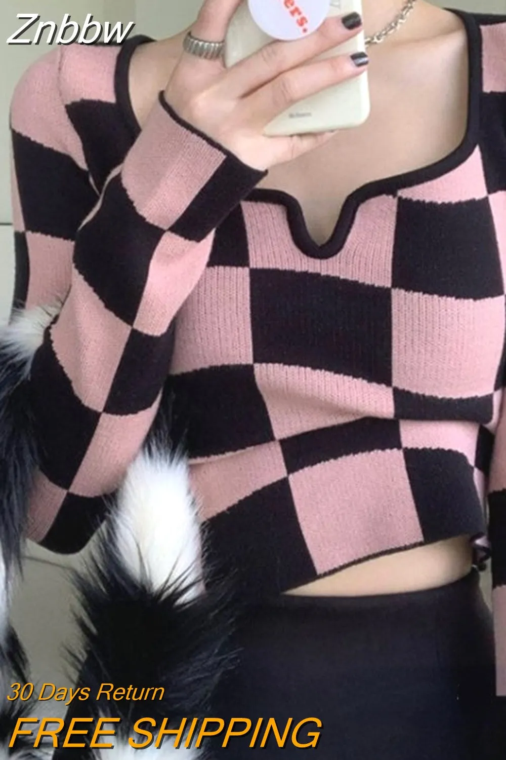 Znbbw Y2K Korean Style Plaid Pink Cropped Sweater Womens Harajuku White Knitted Crewneck Jumper Pullover Female Slim Sexy Top