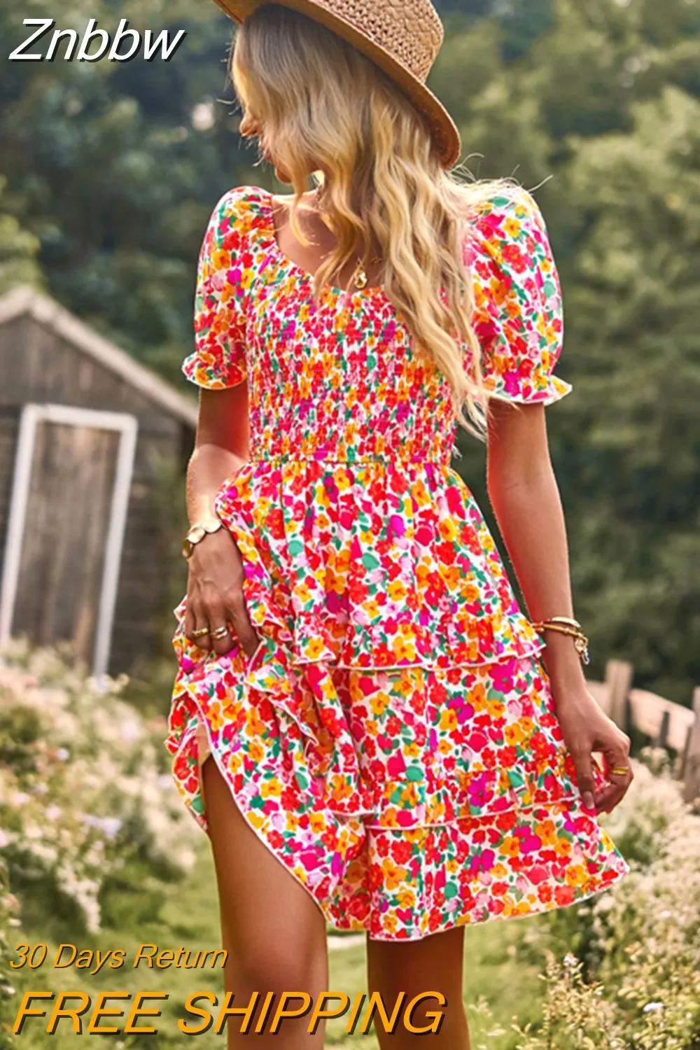 Znbbw Women's Summer Dress Elegant Floral Print Vintage Mini Dress Clothes V-Neck Puff Sleeve Ruffles Sexy Cake Dresses for Women 2023 - Image 7