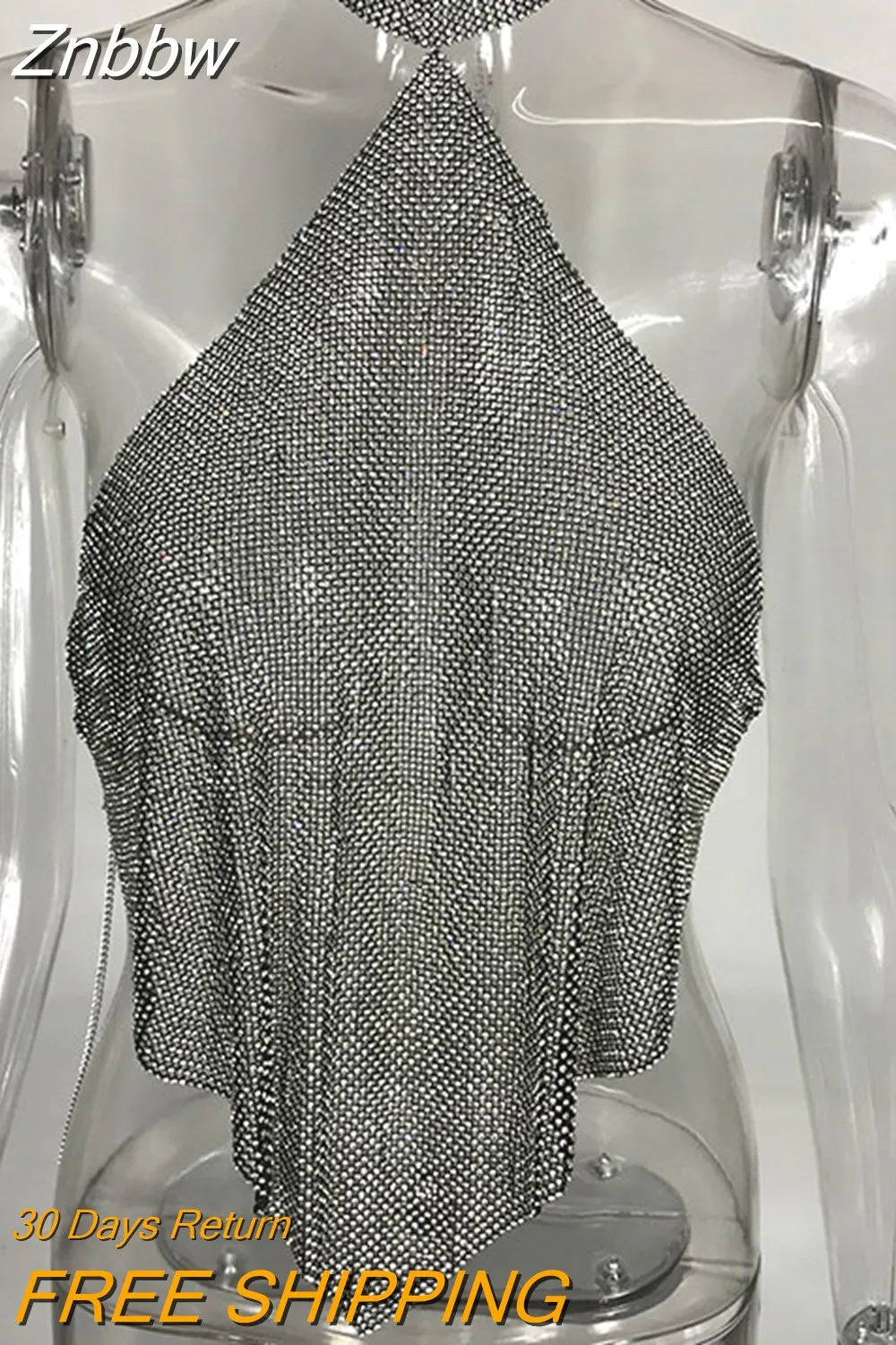 Znbbw 2023 Shinning Crystal Diamond Crop Top Summer Beach Backless T Shirt Halter Sexy Tops Party Camis Women Tank Top Blusa - Image 6