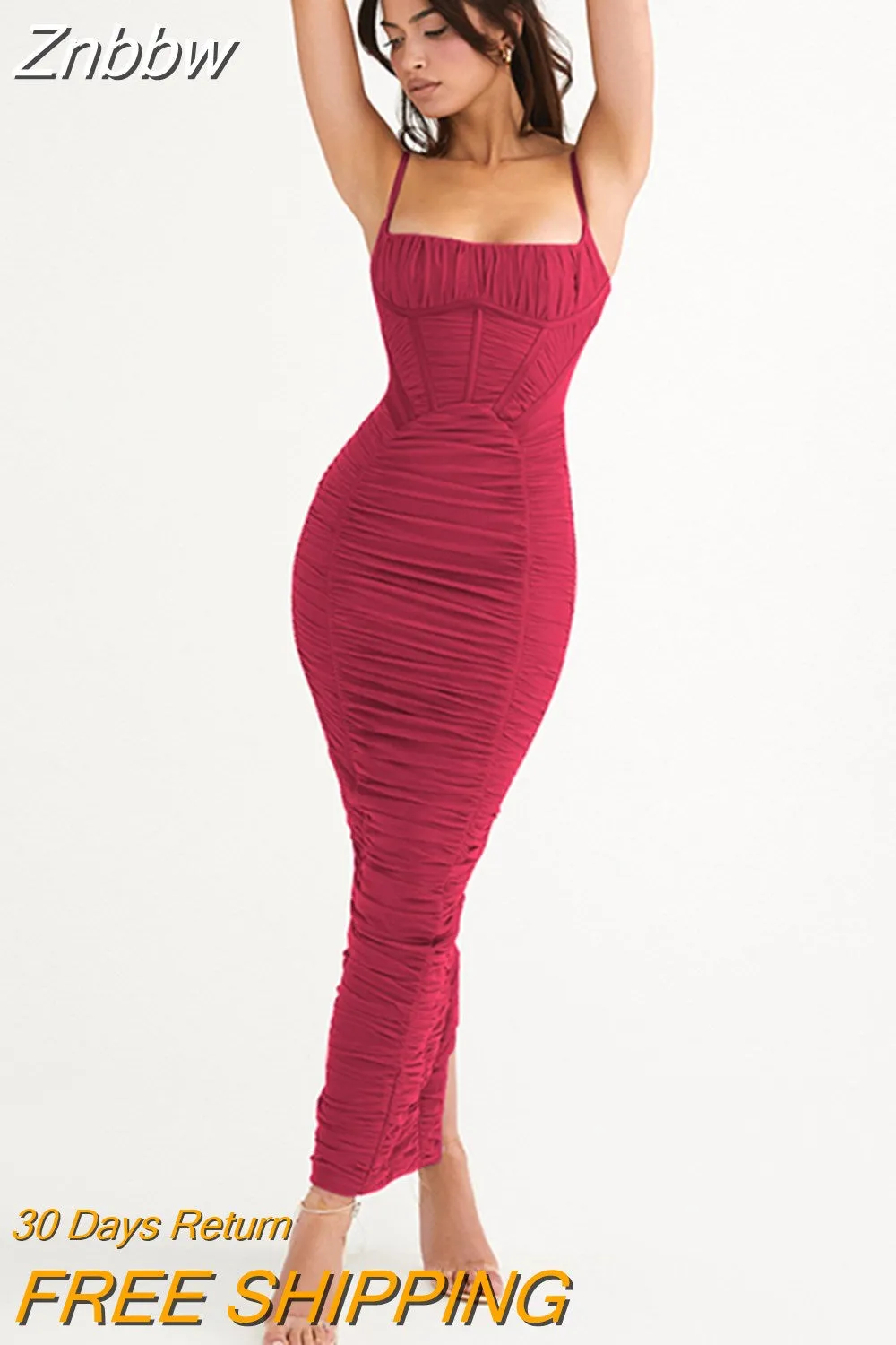 Znbbw Elegant Corset Ruched Maxi Dress Women Fashion Spaghetti Strap Sleeveless Backless Zipper Long Dress Vestido - Image 7