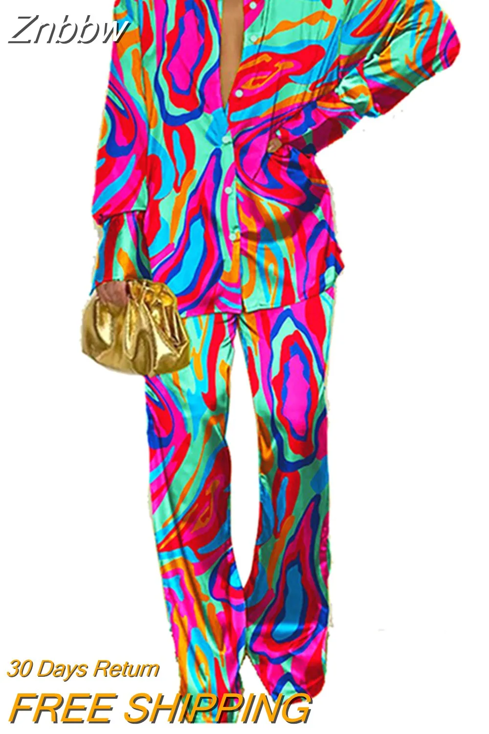 Znbbw Women Printed Long Sleeve Shirt 2 Piece Set Elegant Lapel Single-breasted Tops Suit 2023 Female Wide Leg Pants Outfits 914 - Image 4