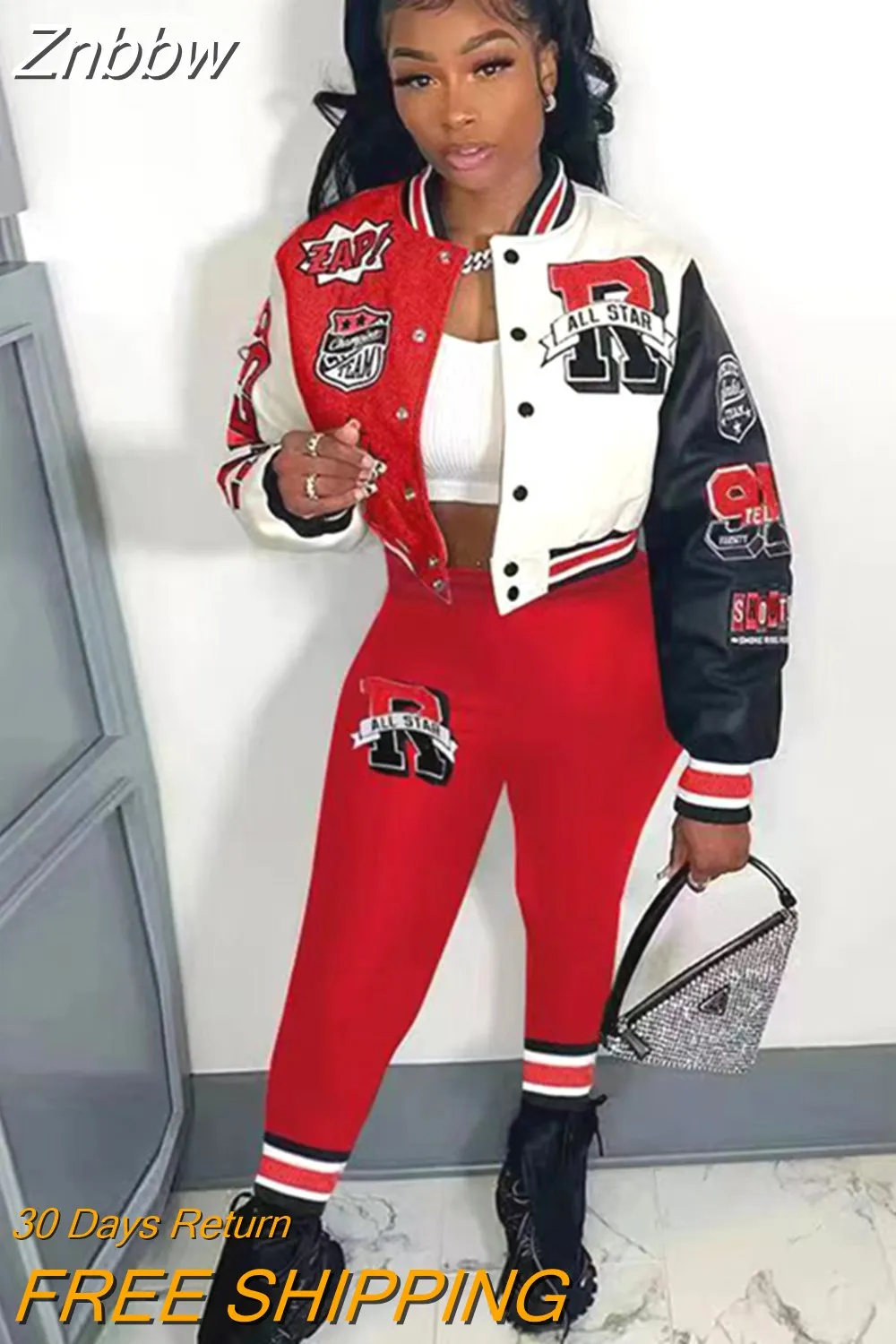 Znbbw Letter Casual Two Piece Set For Women Single Breasted Baseball Jogging Suits Full Sleeve Short Jacket Trousers Suit - Image 7