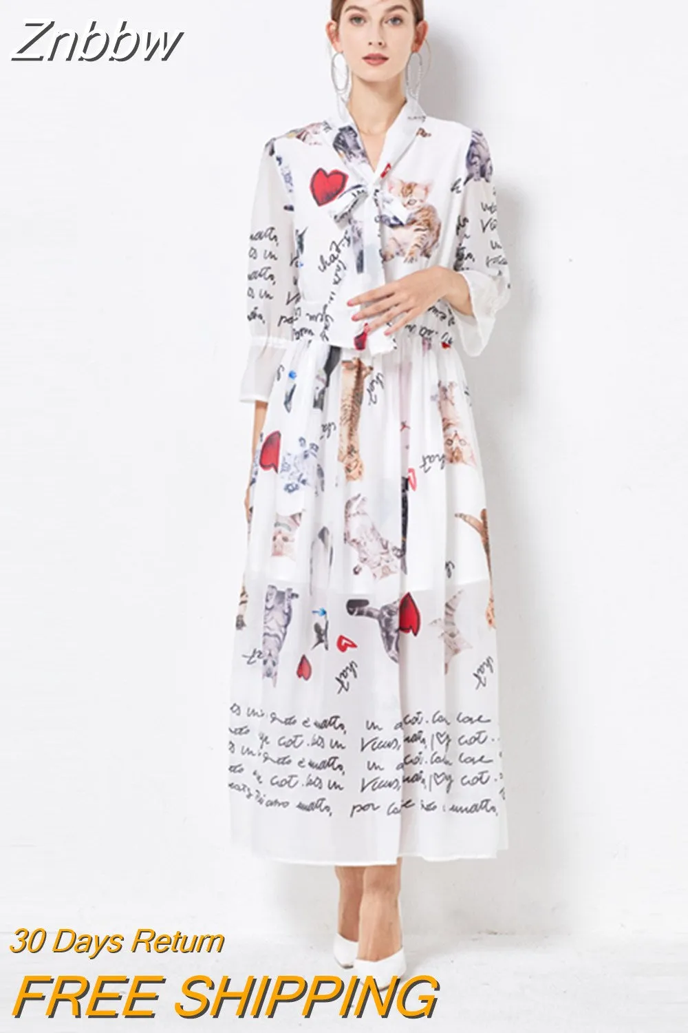 Znbbw High Quality Summer Runway Designer Maxi Dress Women's Flare Sleeve Casual Animal Cat Letter Printing Long Dress N66085