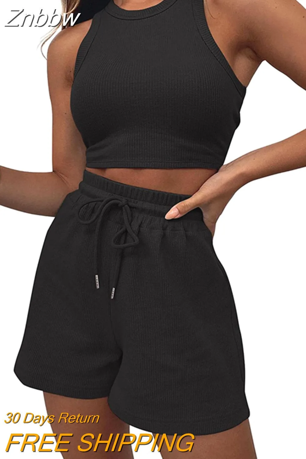 Znbbw women sets two pieces 2023 high quality Casual Waffle Knit Sleeveless Summer Outfits Matching High Waist Shorts Sets - Image 7