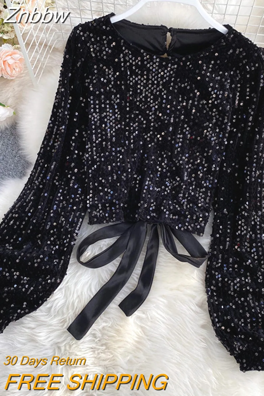 Znbbw WomenSpring Auttumn Blouse New All-match Sequins O-Neck Shirts Long-sleeved Open Back Lace-up Bow Short Tops Female Blusa GX1082 - Image 7