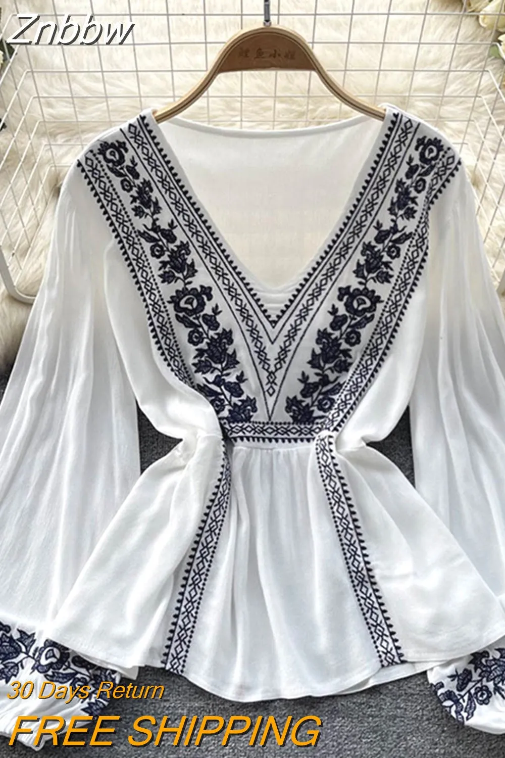 Znbbw Women Spring Summer Blouse French Minority Ruffle V-neck Lantern Sleeve Shirt Design Sense Printed Chic Temperament Top D2531 - Image 6