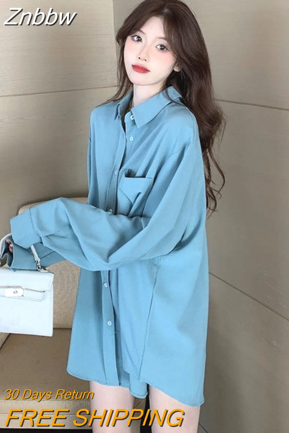 Znbbw Oversized Blue Shirts Womens Spring Autumn Blouses Fashion OL Blusa Tops Casual Solid Long Sleeve White Shirt Oversize - Image 2