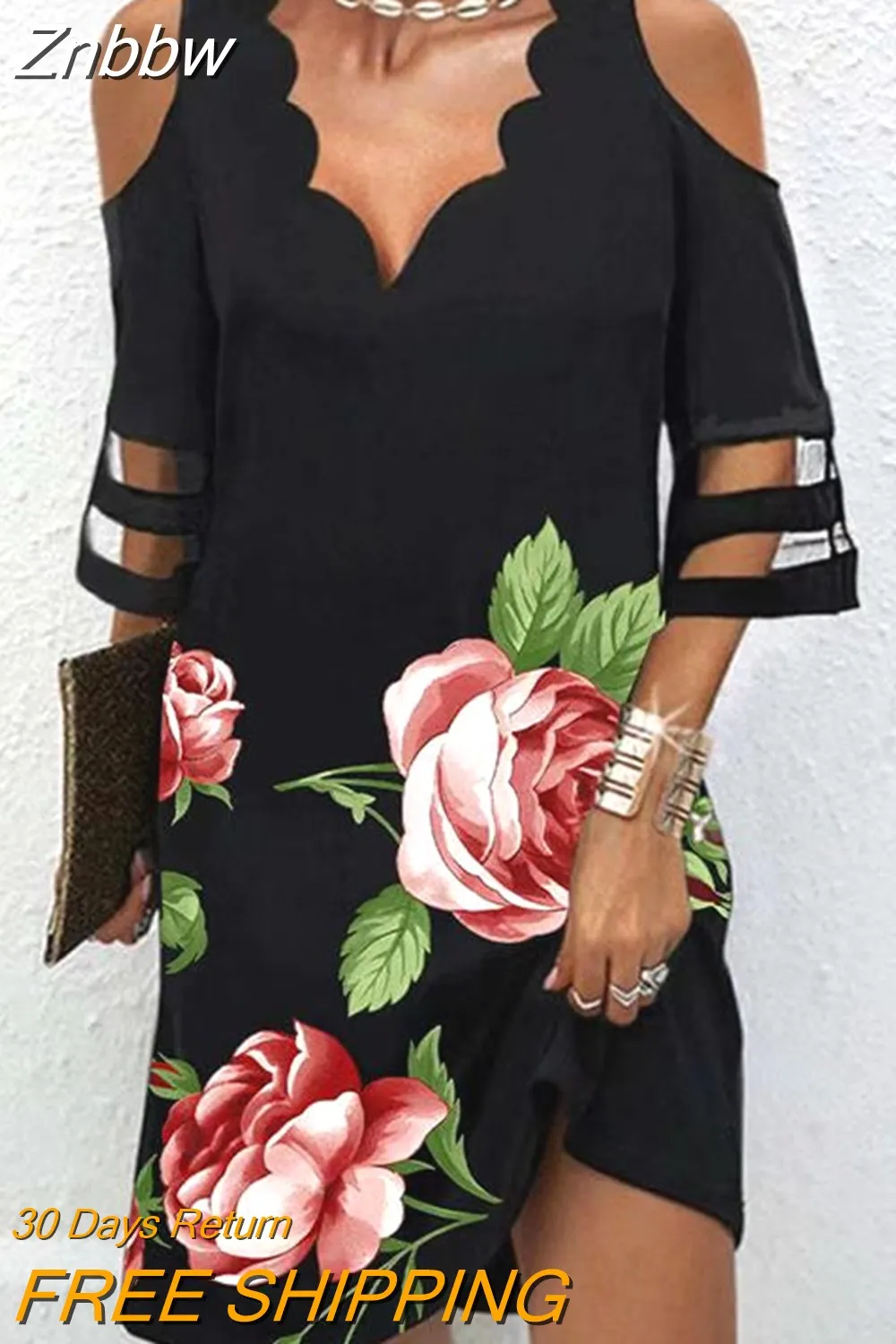 Znbbw Women's Summer Dress Vintage Patchwork Floral Print Beach Dress Short Sleeve Loose Casual V Neck Off Shoulder Dresses for Women - Image 4