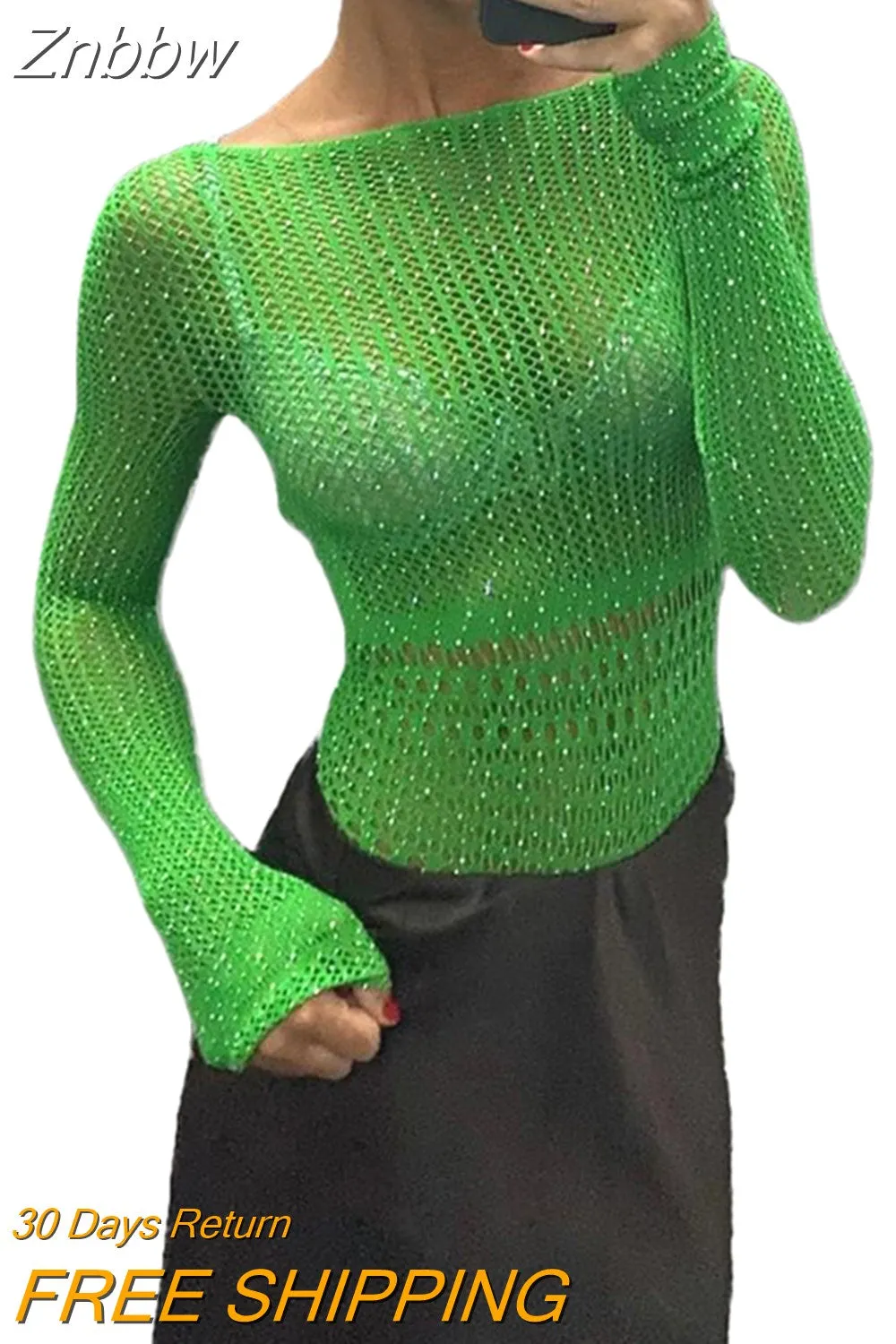 Znbbw Women??s Off Shoulder Bodysuit Shiny Rhinestone Long Sleeve Hollow Out Slim Fit Leotard Tops - Image 12