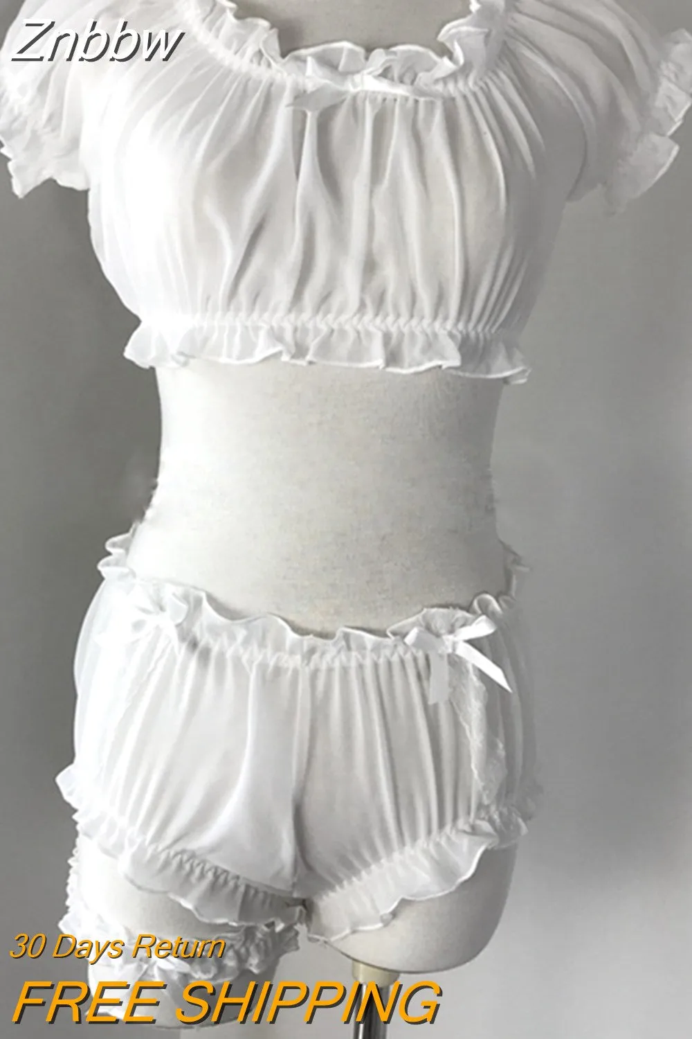 Znbbw Women Sheer Stars Ultra-thin Gauze Ruffles Off Shoulder Sleeve Tops Shorts Leg Ring Underwear Set Temptation Sexy Pajamas - Image 9