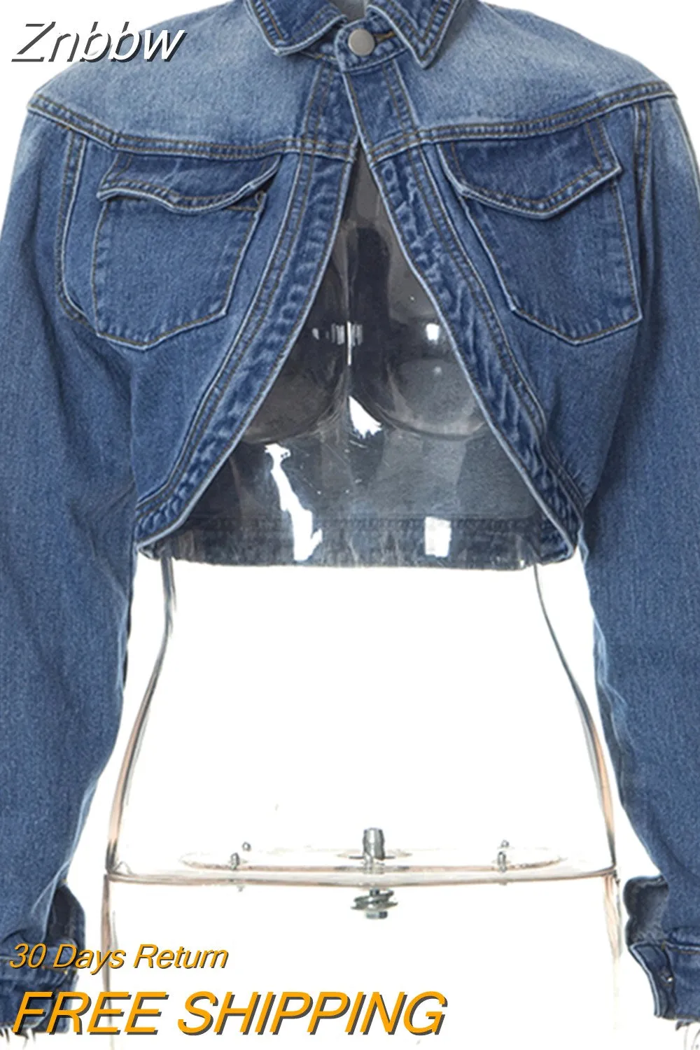 Znbbw Women's Short Denim Jackets New Lapel Long Sleeve Pocket Single Button Solid Coat Female Autumn 2023 Fairy Grunge Top - Image 4