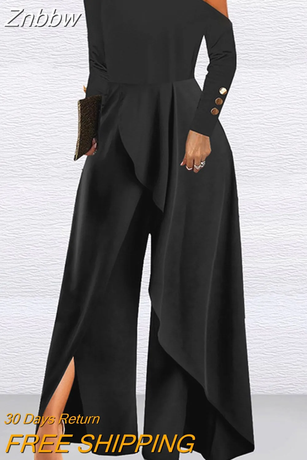 Znbbw Women's O-neck Hollow Off Shoulder Jumpsuit Autumn Long Sleeve High Waist Wide Leg Romper Casual Loose Solid Commuter Playsuits - Image 3