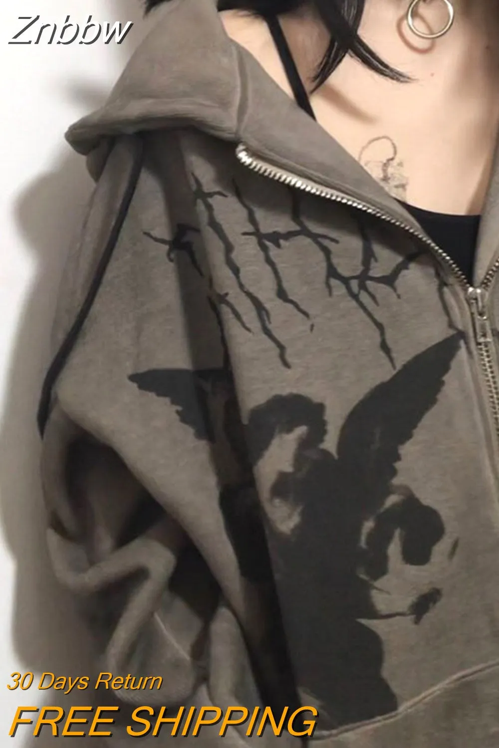 Znbbw Women Hip Hop Streetwear Hoodies Goth Angel Dark Print Zipper Jacket Coat Harajuku Y2K Hooded Top Clothes Men Women Punk Outwear