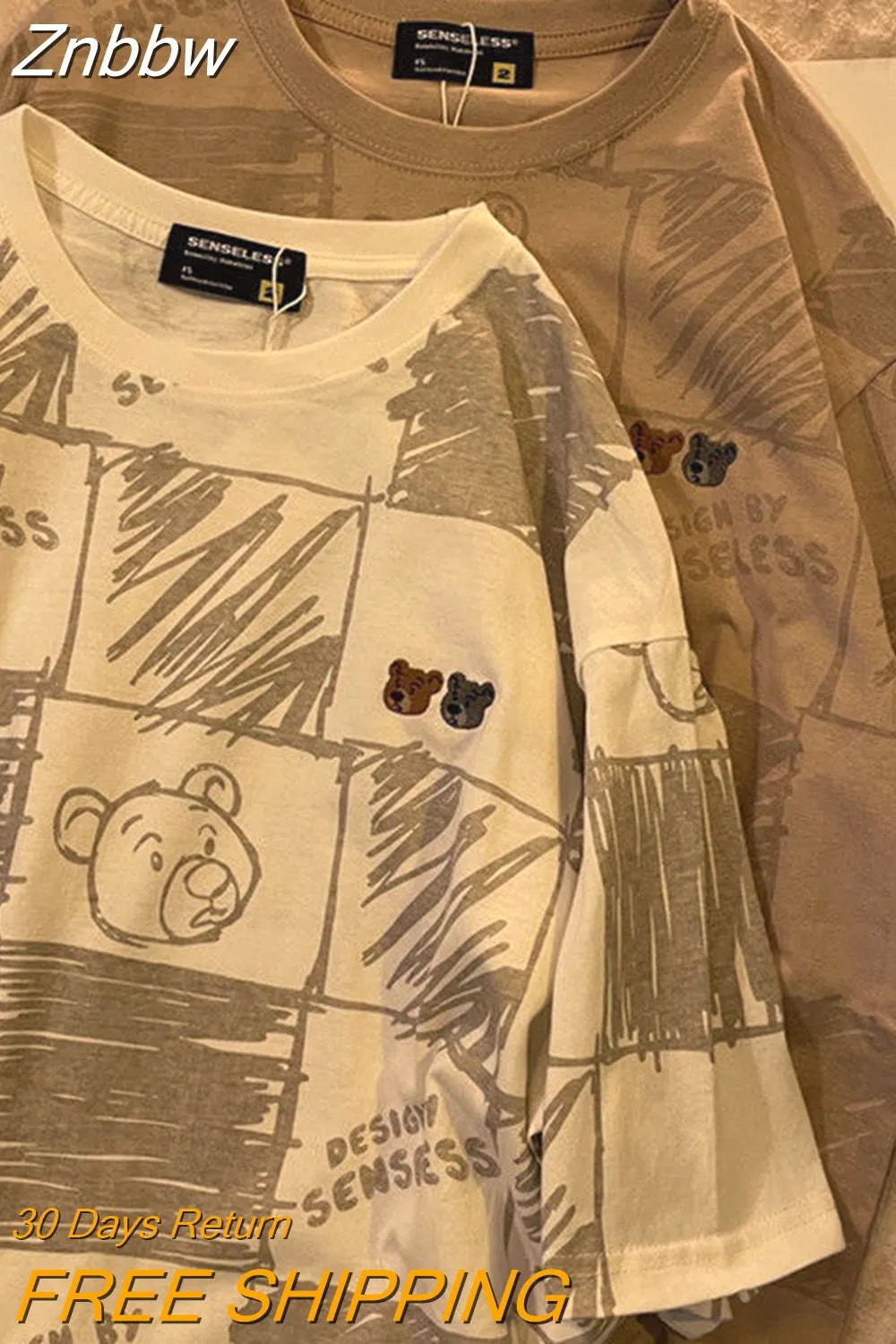 Znbbw 2023 New Korean Style T shirt Women Loose Casual Plaid Bear Printed Short Sleeve Tshirt Female Student Vintage Couple Top