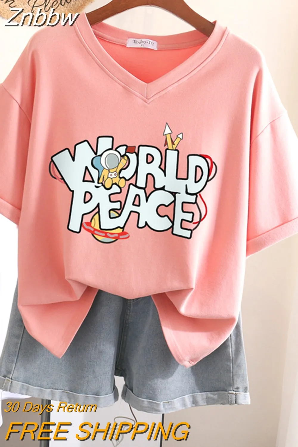 Znbbw 100 Cotton L-5XL T Shirt Plus Size Tshirt Short Sleeve Women Top Summer Letter Print Couple V Neck Oversized T Shirts - Image 3