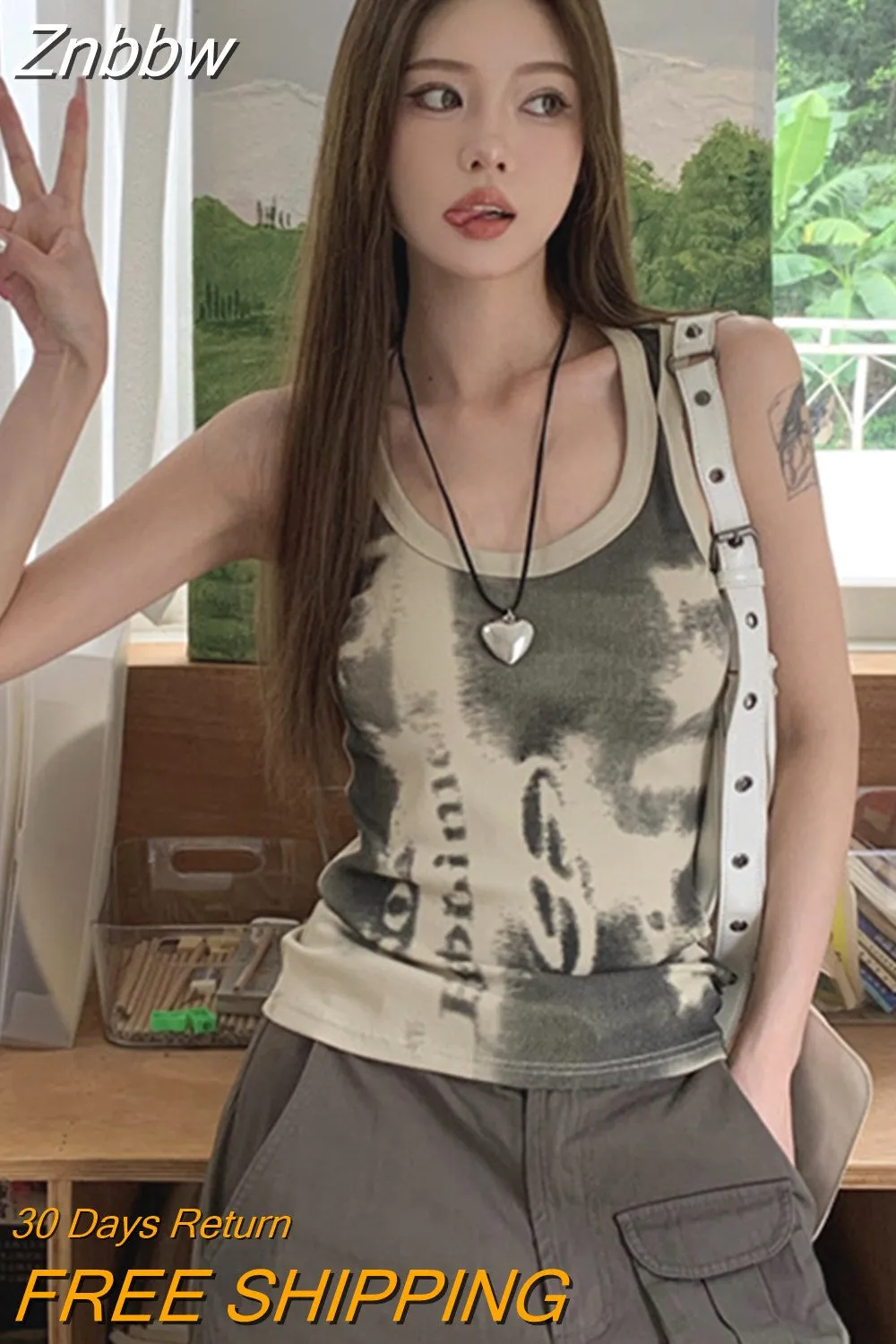 Znbbw 90s Vintage Green Tank Top Women Harajuku Techwear Graphic Print Tees Grunge Slim Sleeveless Crop Tops Y2K Gothic Kpop - Image 3