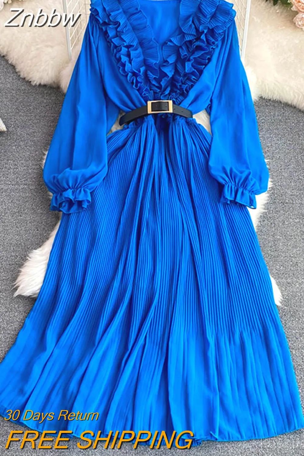 Znbbw Women Spring Autumn Dress Retro Temperament V-neck Ruffled Bubble Long-sleeved Waist Slimming A-line Pleated Dress D1892 - Image 9