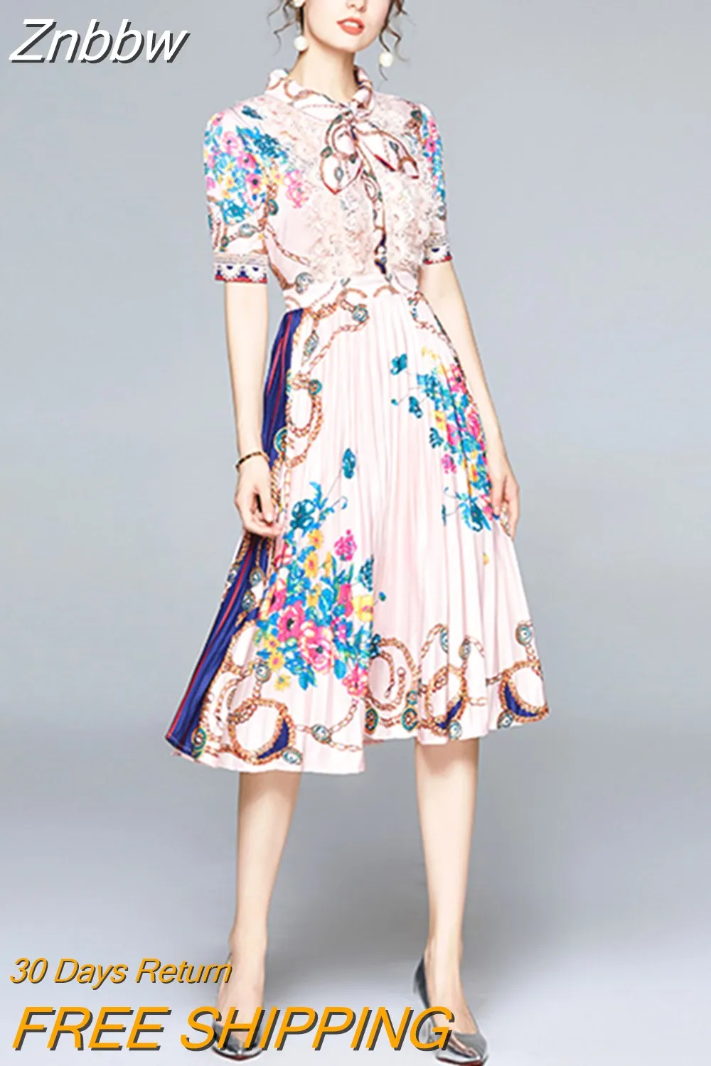 Znbbw 2023 Summer Fashion Designer Pleated Dress Women Short Sleeve Lace Patchwork Floral Print Vintage Female Midi Dress