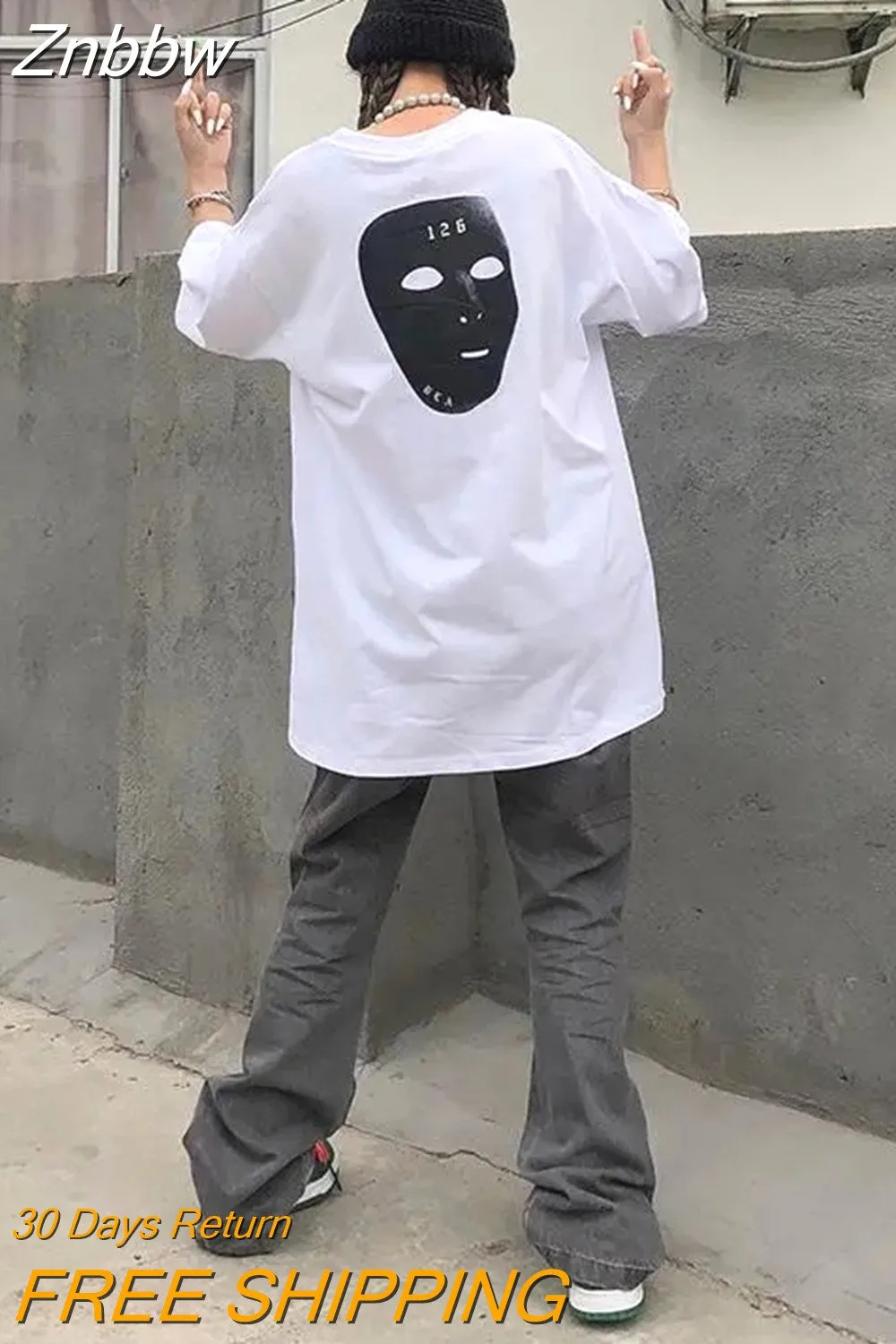 Znbbw Women T shirts Korean Skull Print Y2K Black Oversized Tee Shirt Tops Harajuku Grunge Vintage Aesthetic Goth Graphic Punk Clothes - Image 6