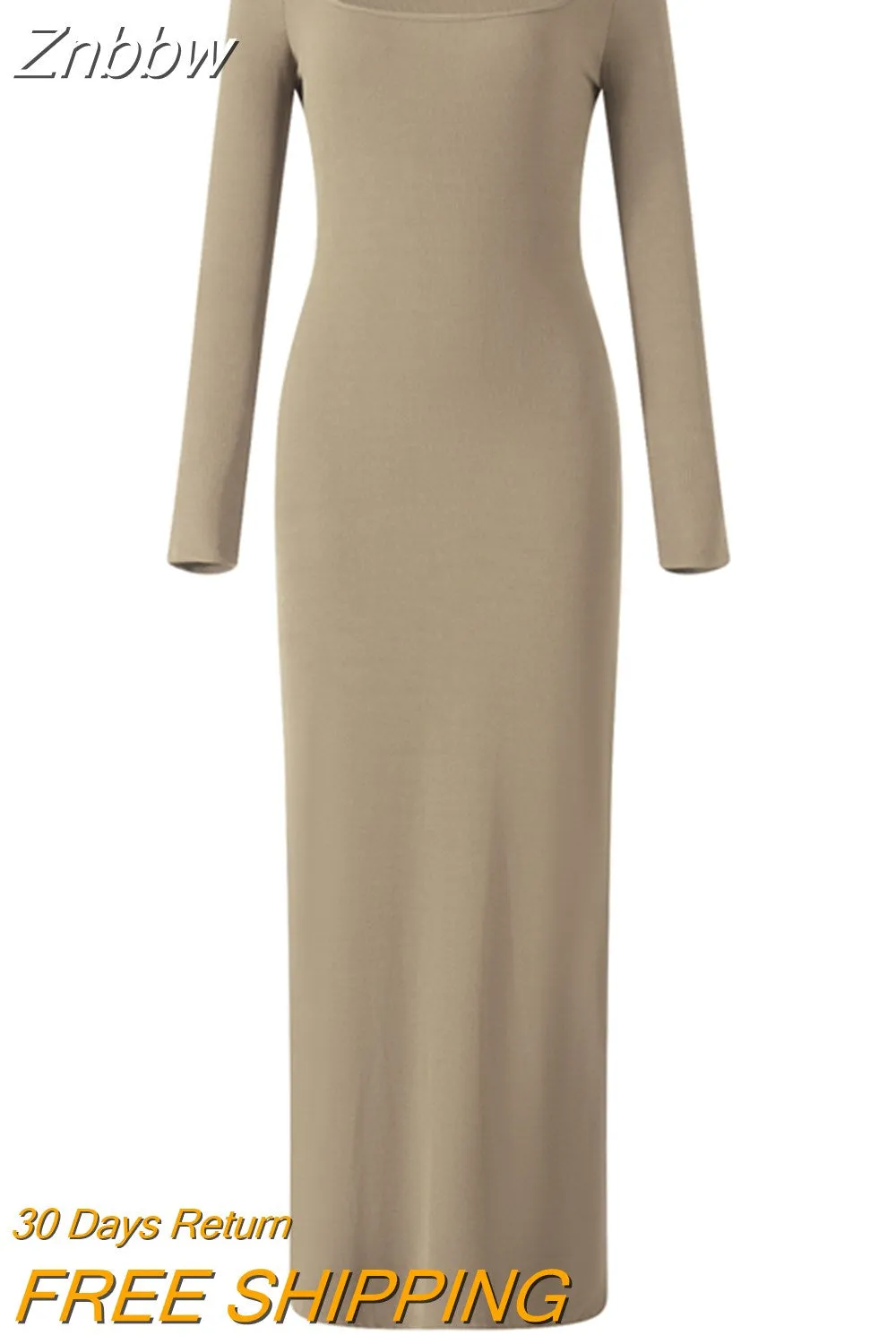 Znbbw Women Long Sleeve Square Neck Sleeve Long Bodycon Dress Knitted Low Cut Pencil Sheath Dress Stretchy Clubwear - Image 10