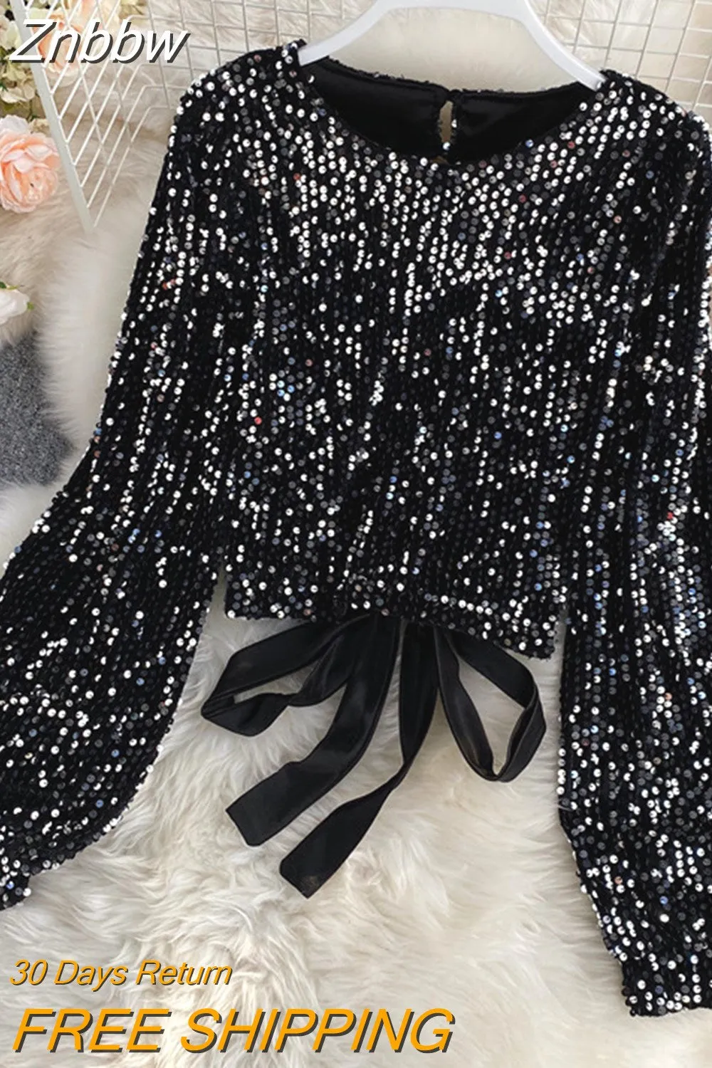 Znbbw WomenSpring Auttumn Blouse New All-match Sequins O-Neck Shirts Long-sleeved Open Back Lace-up Bow Short Tops Female Blusa GX1082 - Image 4