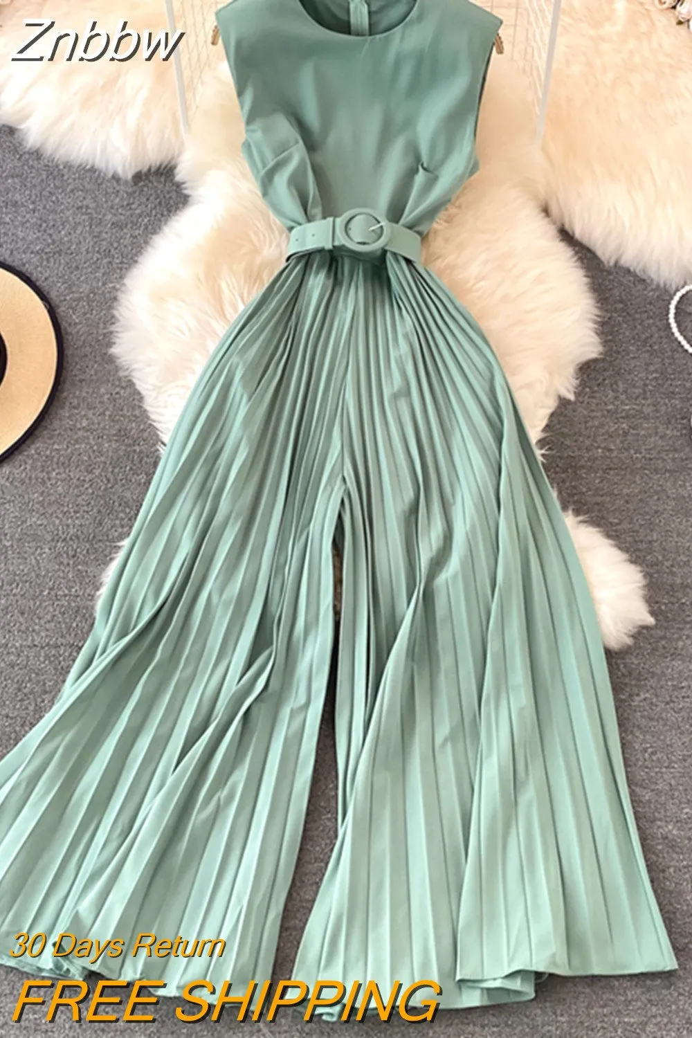 Znbbw Women Summer Temperament Fashion Round Neck Slim Slim Sleeveless Vest High Waist Slim Wide Leg Long Jumpsuit Female D0714 - Image 4