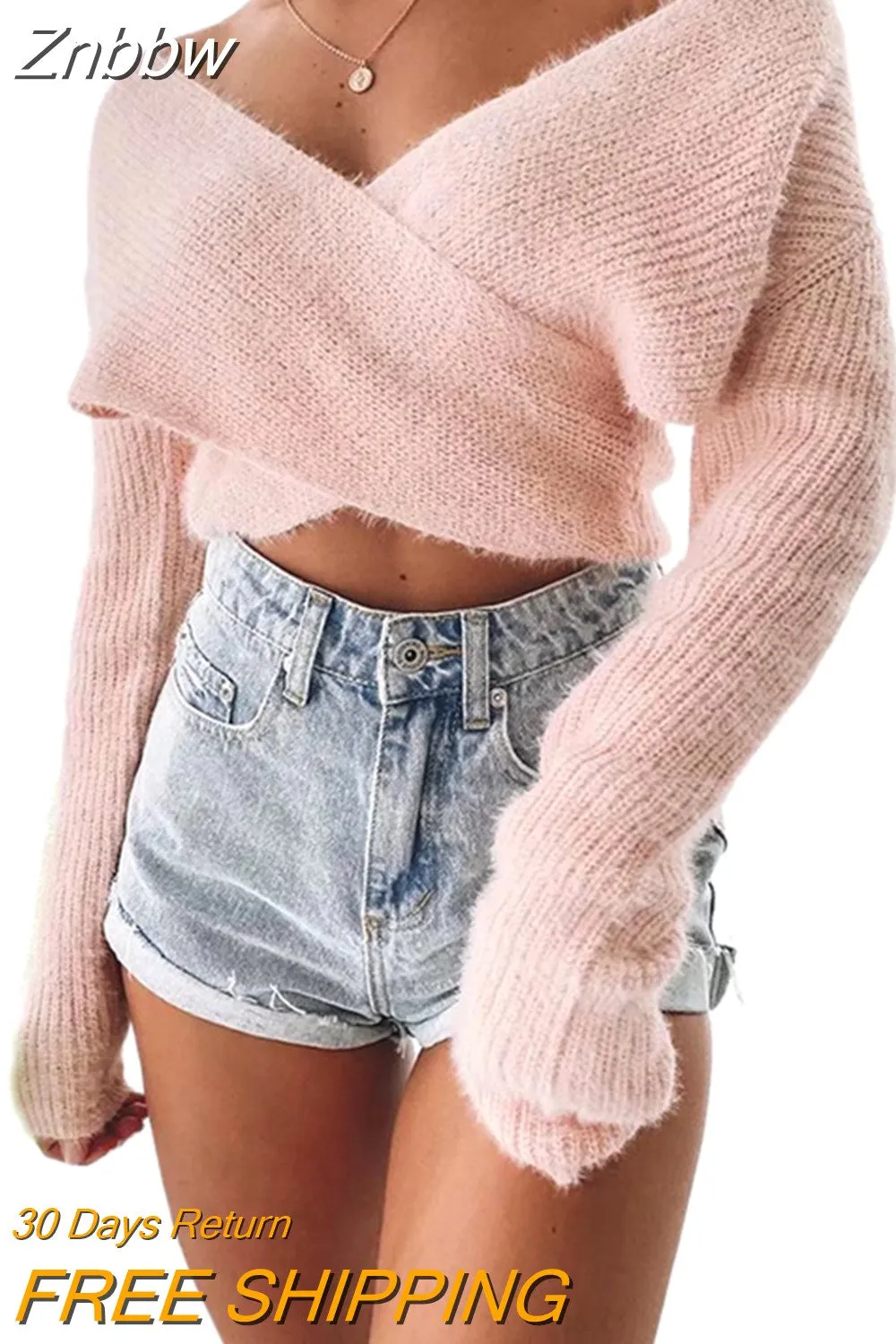 Znbbw Fashion Fall Winter Sexy Casual Cross Wrap Sweater Women Long Sleeve V Neck Solid Slim Fit Knitted Pullover Tops Crop Top - Image 4