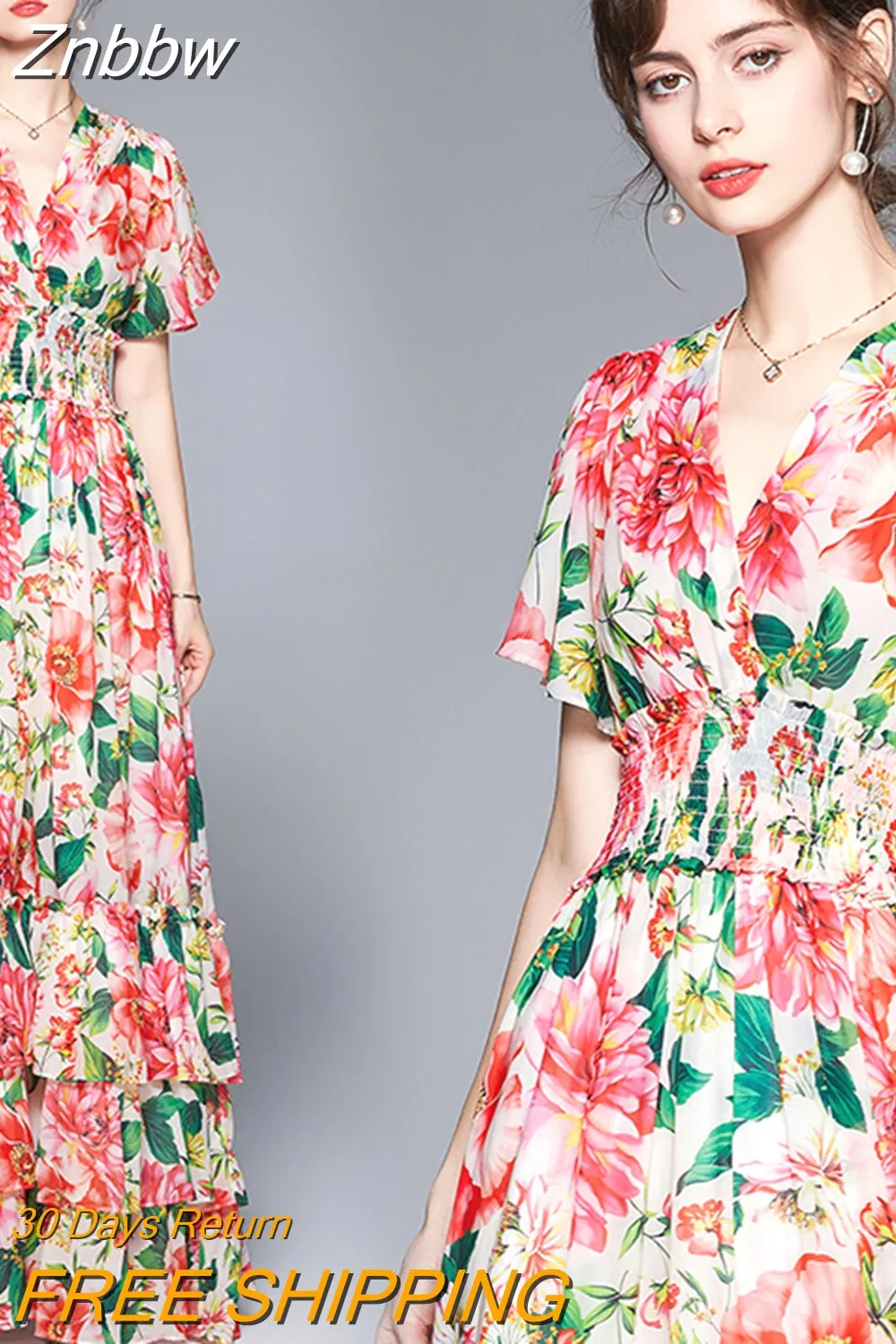 Znbbw 2023 Summer Boho Maxi Dress Women Runway V-Neck Elastic Waist Ruffles Floral Print Chiffon Long Party Dress N78868 - Image 2