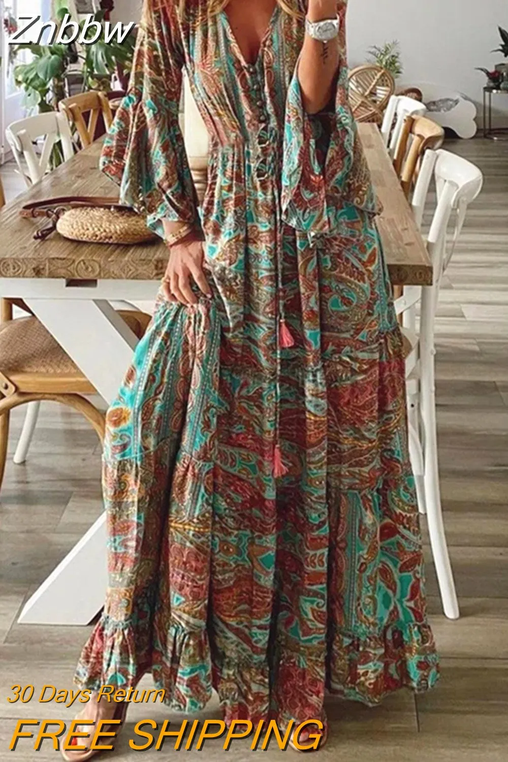 Znbbw Women Retro Boho Dress Summer Sexy V-neck Long Flare Sleeve  Flowral Print Pleated Long Dress Female Casual Holiday Maxi Dresses